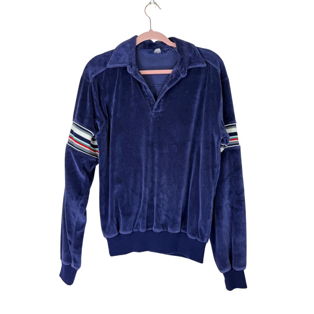 Par Four Sportswear Navy Blue Velvet‎ Collar Long Sleeve Pullover Top Size M